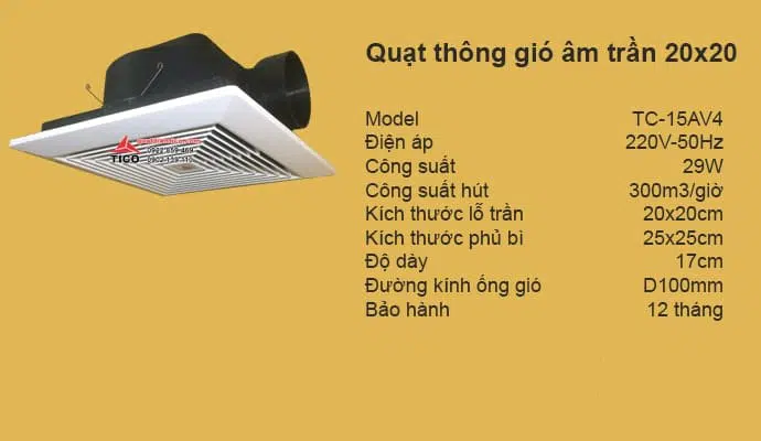 Quạt thông gió âm trần 20x20 có ống gió